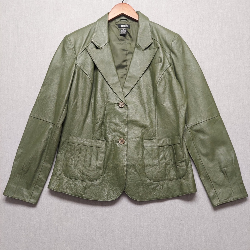 Metro Style Leather Y2K Jacket Womens 16 Olive Green Boho Moto Minimalist‎ Retro
